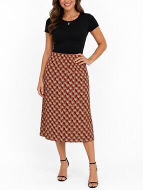 👚 Vintage Geometric Print Midi Skirt Red Tan Black Pull On Elastic Waist Medium